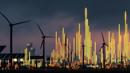 Renewable energy sources, depicted with glowing bar graphs, showcase a city at dusk.