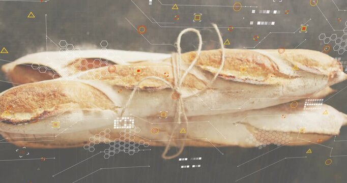 At sequence start small icons materializing tied crusty baguette on tabletop, forming AR overlay - Powered by Adobe