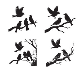 Bird silhouettes flying and perched on branches, vector illustration set