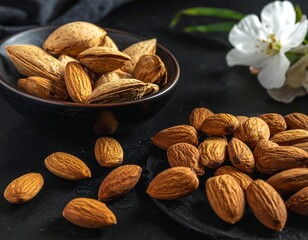 Shelled almonds in bowl and scattered on dark surface, next to blossom