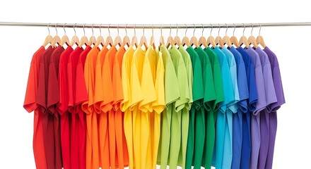 A clothing rack displays a vibrant spectrum of short-sleeved t-shirts, each color representing a shade in the rainbow, from red to violet. Neatly arranged on wooden hangers against a white b