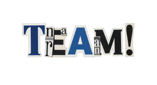 Collage Letters Spelling TEAM on White Background.