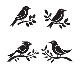 Flying and perched bird silhouettes on branches, vector illustration set