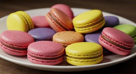 Obraz premium Colorful macarons assorted flavors dessert display kitchen table culinary art