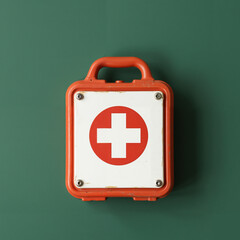 Obraz premium Red first aid kit with a cross symbol on a green background, representing health and safety, digital photography, copy space