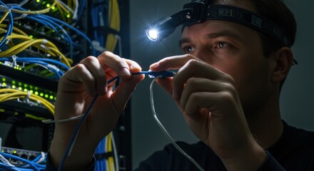 Network Engineer with Headlamp Connecting Wires in Data Center.