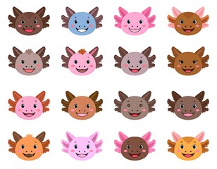Sixteen cartoon axolotl faces in various colors