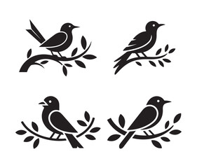Bird silhouettes on branches, vector illustration set