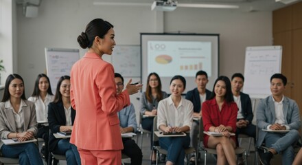 Engaging business presentation by a speaker conference room corporate training session professional environment front