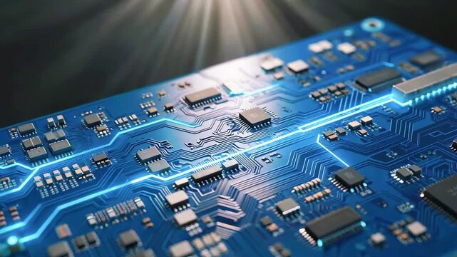 Close-up view of a blue circuit board with illuminated pathways and electronic components, showcasing technology