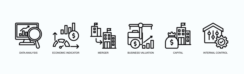 Corporate Dynamics Icon Set Isolated Vector Illustration Concept With Icon Of Data Analysis, Economic Indicator, Merger, Business Valuation, Capital, Internal Control,  In Outline Style