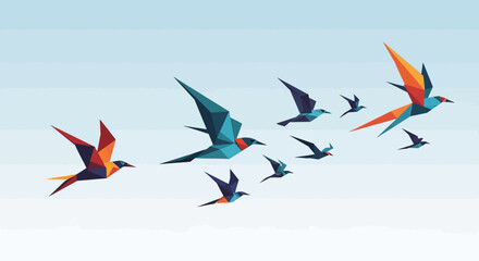 Flock of colorful birds in flight, low poly style.