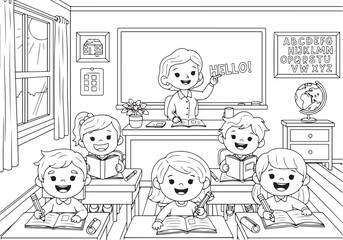 Cartoon classroom scene with teacher and students outline illustration for coloring page. School learning activity. World Teachers Day