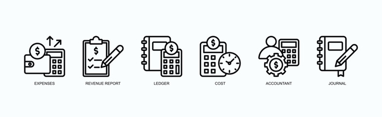 Financial Records Icon Set Isolated Vector Illustration Concept With Icon Of Expenses, Revenue Report, Ledger, Cost, Accountant, Journal,  In Outline Style