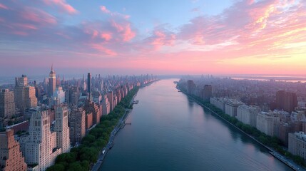 Fototapeta premium Aerial View of New York City Skyline at Sunset with Pink Hues Reflecting on River Water
