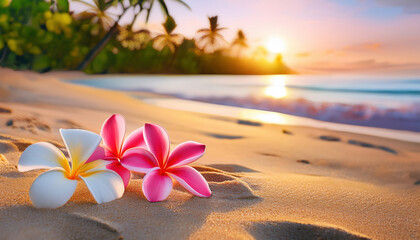 Closeup of beautiful plumeria flowers on a golden sandy beach at sunset. Palm trees in the background. Tropical paradise vacation. 