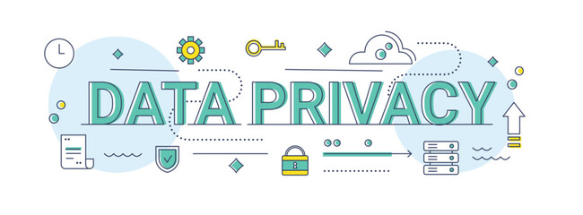 Data Privacy Concept Illustration: Central Sign Surrounded by Icons Representing Privacy Policy, Data Flow, Security Measures, and Information Protection