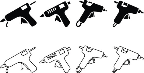 Hot glue gun icon set, collection and outline vector illustration