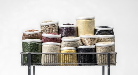 A metal cart holds numerous sealed bags of various grains and legumes. The bags are full and neatly arranged, showcasing a diverse collection of dried foods. The background is plain white.