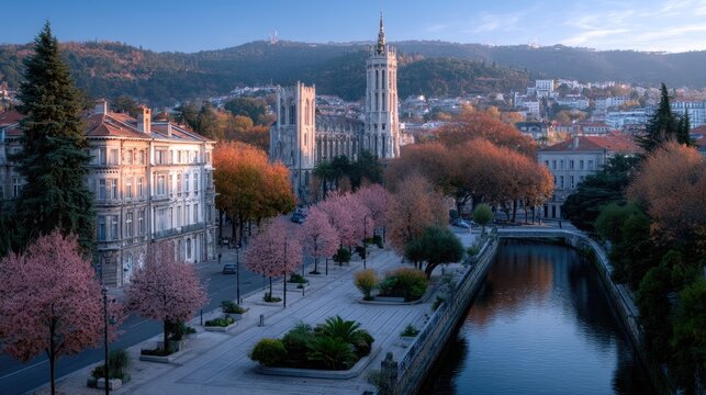 Aerial View of Old Town with Gothic Architecture and River during Autumn in Europe with Warm Sunlight and Colorful Trees Tall Spire