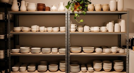 A metal shelving unit displays a large collection of handcrafted ceramic tableware. Various shapes and sizes of bowls, plates, mugs, and vases are neatly organized. A warm, inviting atmosphe
