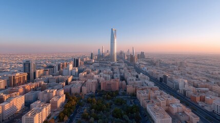 Obraz premium Aerial View of Riyadh Skyline Kingdom Tower Under Dramatic Sky in Saudi Arabia