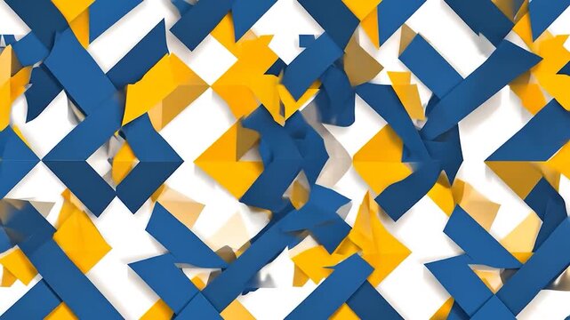 Dynamic blue and yellow geometric patterns ripple and dissolve into a dark void abstract motion