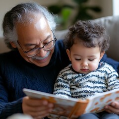 Grandfather and baby reading a book.  Closeup