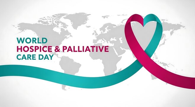World hospice and palliative care day ribbon on world map promoting global awareness and support