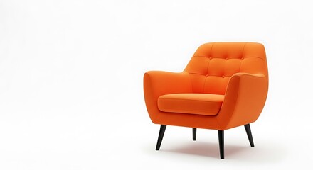 A vibrant orange armchair with button tufting and sleek black legs sits against a stark white background. Mid-century modern design aesthetic.