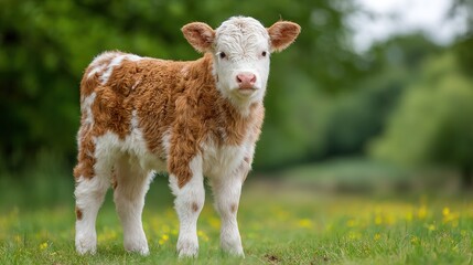 Fototapeta premium Cute young calf standing in vibrant green meadow with wildflowers, natural countryside imagery highlighting livestock life, rural charm, and agriculture