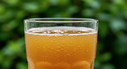 Closeup of a light brown beverage in glass