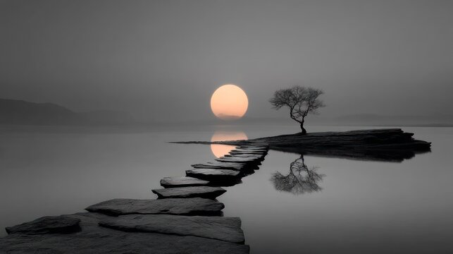 Sunrise over peaceful stone path