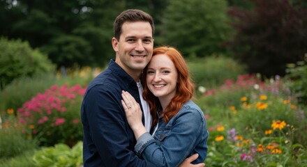 Fototapeta premium Couple embracing in vibrant flower garden outdoor portrait romantic atmosphere natural light