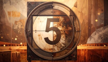 Film countdown, number 5, rustic metallic frame before painted backdrop