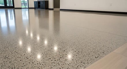 Highly polished concrete floor with exposed aggregate, showcasing a reflective surface and subtle speckled pattern. Clean lines and modern aesthetic. Part of a larger, spacious interior.