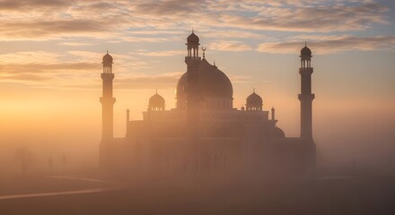 Fototapeta premium Misty sunrise illuminates a grand mosque with towering minarets and domes, creating a serene atmosphere