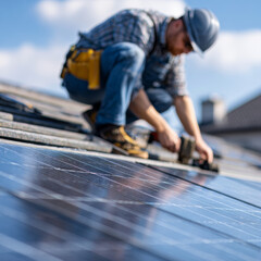 Worker in overalls and helmet is installing solar panels on rooftop, showcasing dedication and skill in renewable energy