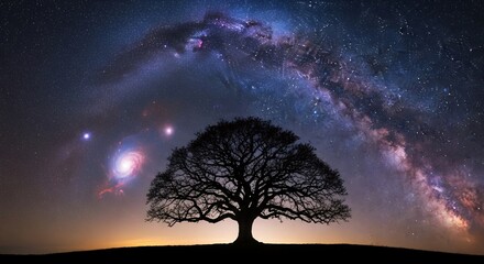 Silhouette of a large tree against the Milky Way galaxy and a distant spiral galaxy