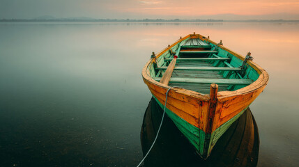 Obraz premium Colorful wooden boat with oars on calm lake at sunrise, reflecting serene beauty and tranquility