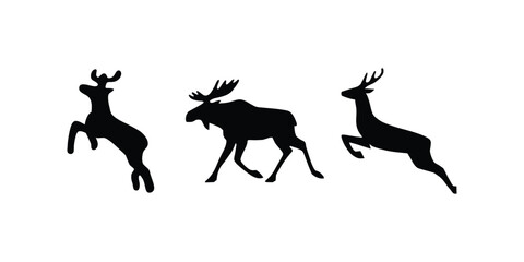 black silhouettes of wild deers – male, female and roe deer