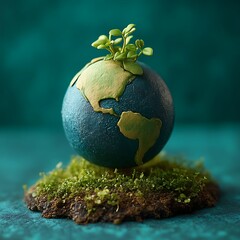 Miniature globe, vibrant green sprout atop, resting on mossy base, teal backdrop