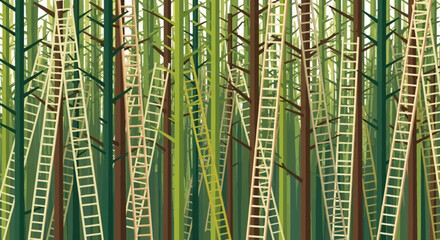Ladders in a forest, a surreal and artistic composition.