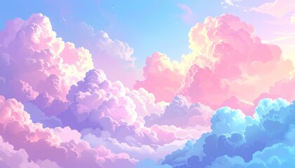 Dreamy Pastel Clouds: Delicate, pastel-colored clouds drift lazily across a vibrant sky, evoking a sense of serenity and wonder in this ethereal landscape.