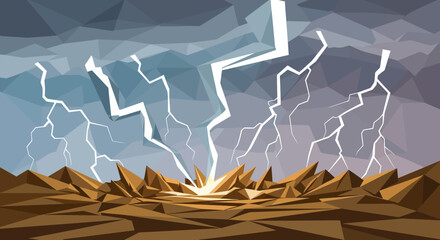 Low Poly Lightning Strike Illustration with Dramatic Sky and Ground.