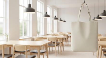 A blank white tote bag hangs in a bright, minimalist cafe setting. The image is ideal for showcasing branding or design on a reusable bag.