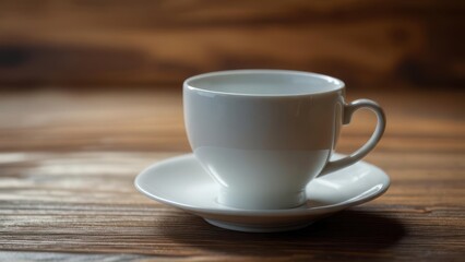 Obraz premium Elegant White Tea Cup on Wooden Table Surface.