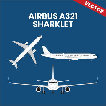 Line drawings of Airbus A321 Sharklet aircraft top view side view front view with two jet engine 