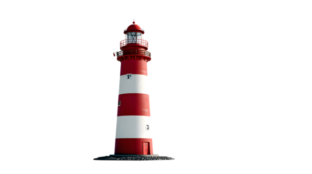 Isolated red and white striped lighthouse against transparent sky