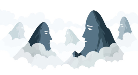 Mountainous Faces Contemplating Serene Clouds in a Dreamlike Landscape.